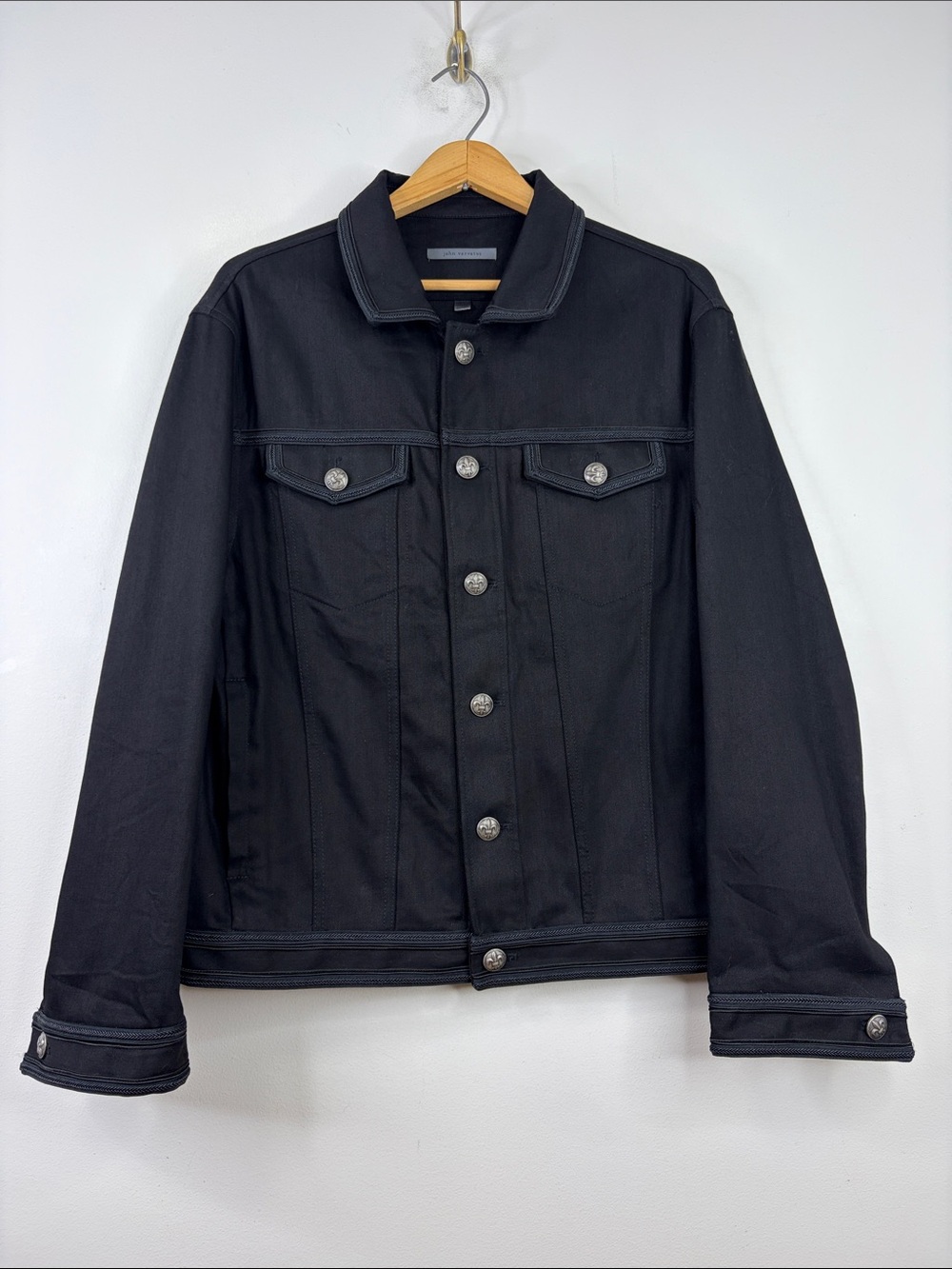 John Varvatos Jean Jacket Men 54 Large XL Black Stretch Denim Trucker Braid Trim
